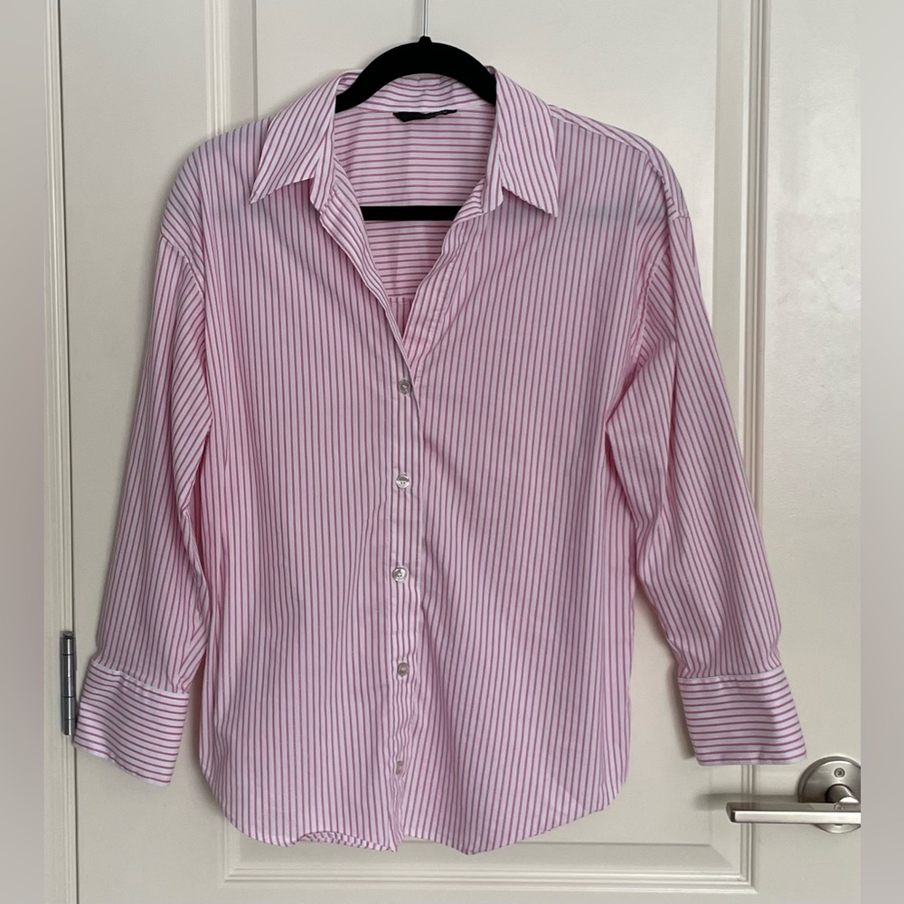 ZARA Pink White Striped Button Down Shirt Metallic Thread Oversized S